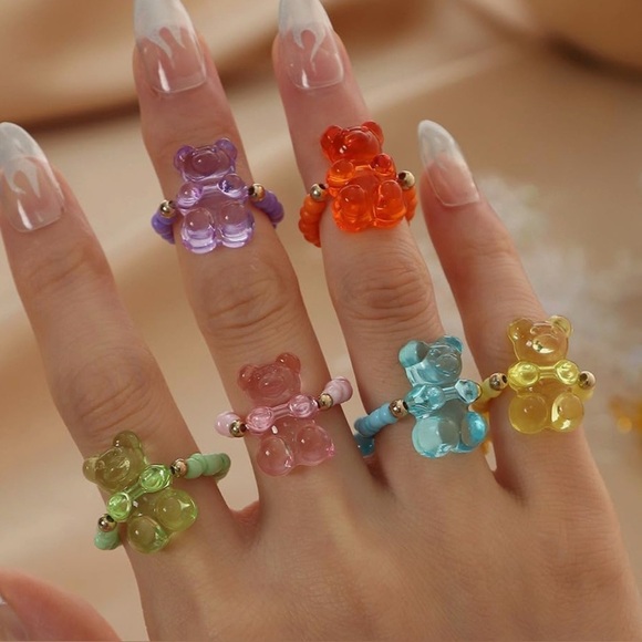 Colorful Bear Shaped Rings Set 3 green purple pink beaded - Picture 1 of 4
